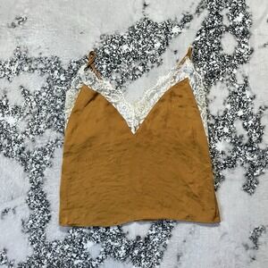Urban Outfitters Top Womens Sz XS Gold Sleeveless Crop Camisole White Lace Trim